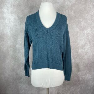 Saturday Sunday x Anthropologie Teal V-Neck Pointelle Knit Sweater Size XS